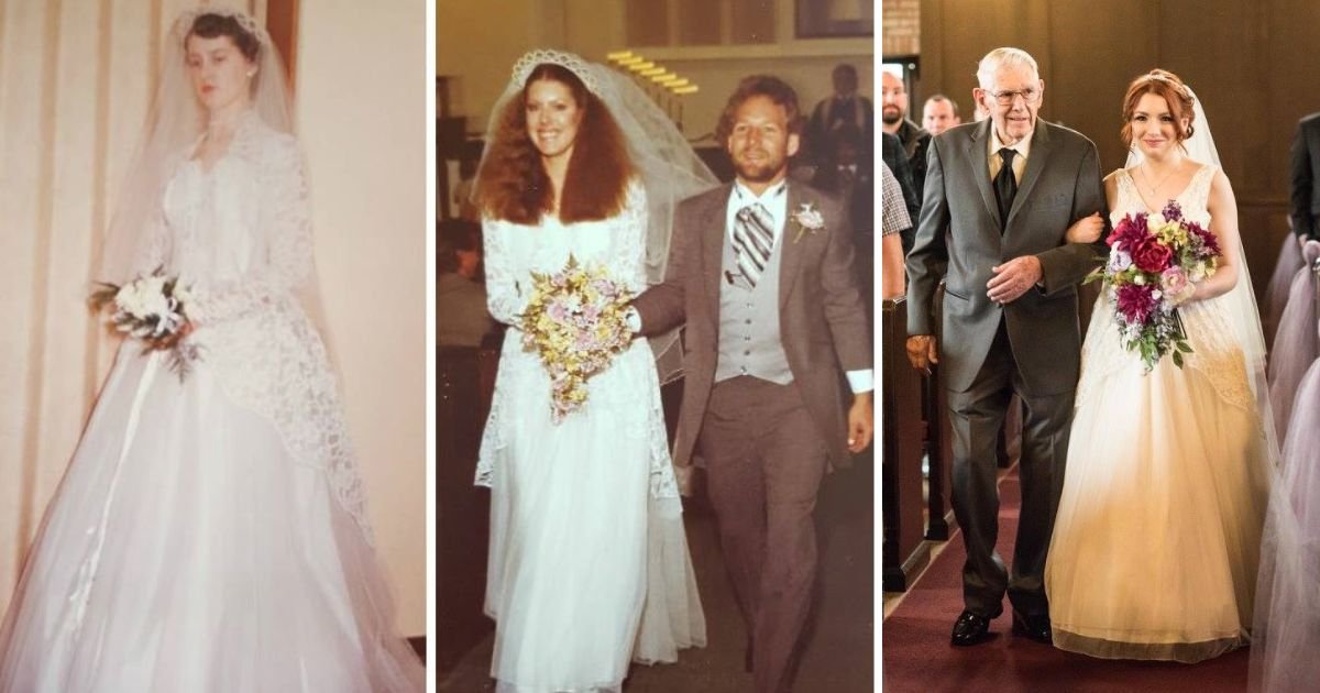 A büszke nagypapa ugyanabban a menyasszonyi ruhában kísérte oltár elé unokáját, amiben korábban a lányát és feleségét